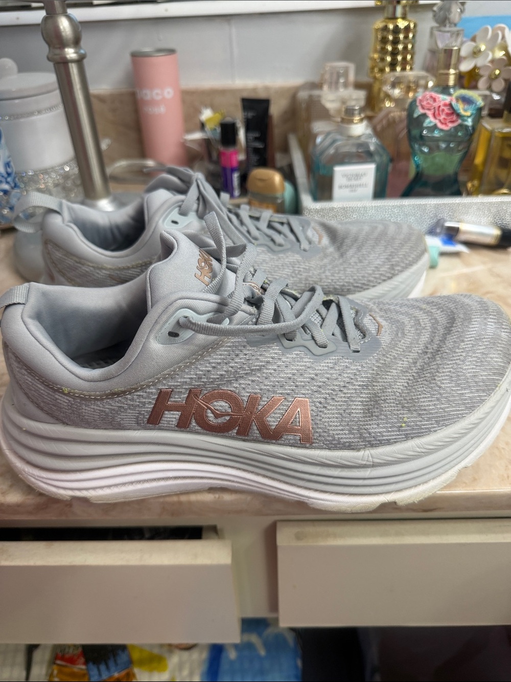 Hoka Women's Light Gray Sneakers with Rose Gold Logo